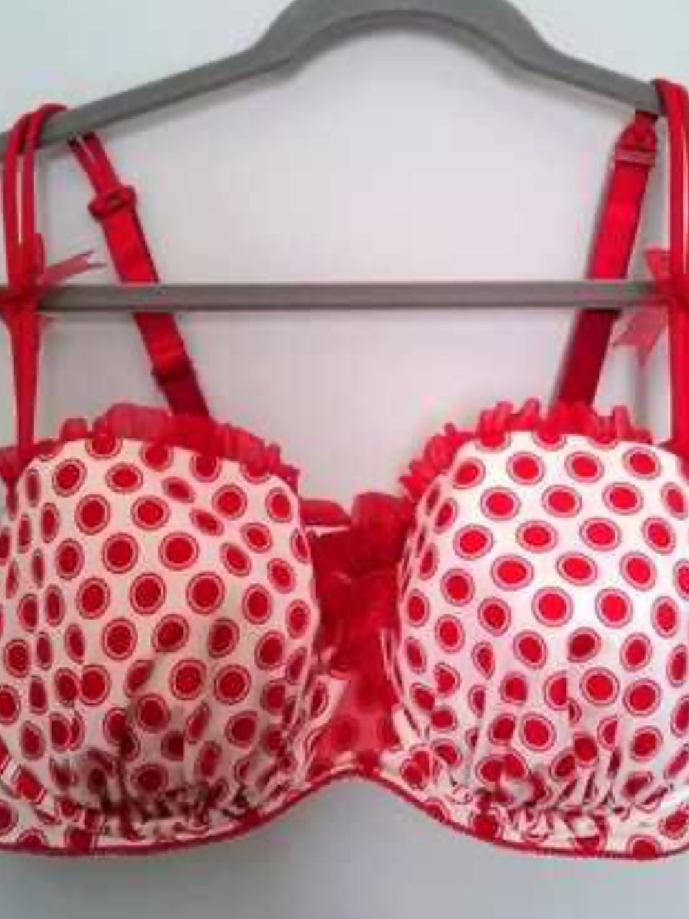 CACIQUE Polka Dot Print Ruffle Bow Retro Pinup Balconette Bra Coquette SZ 42D